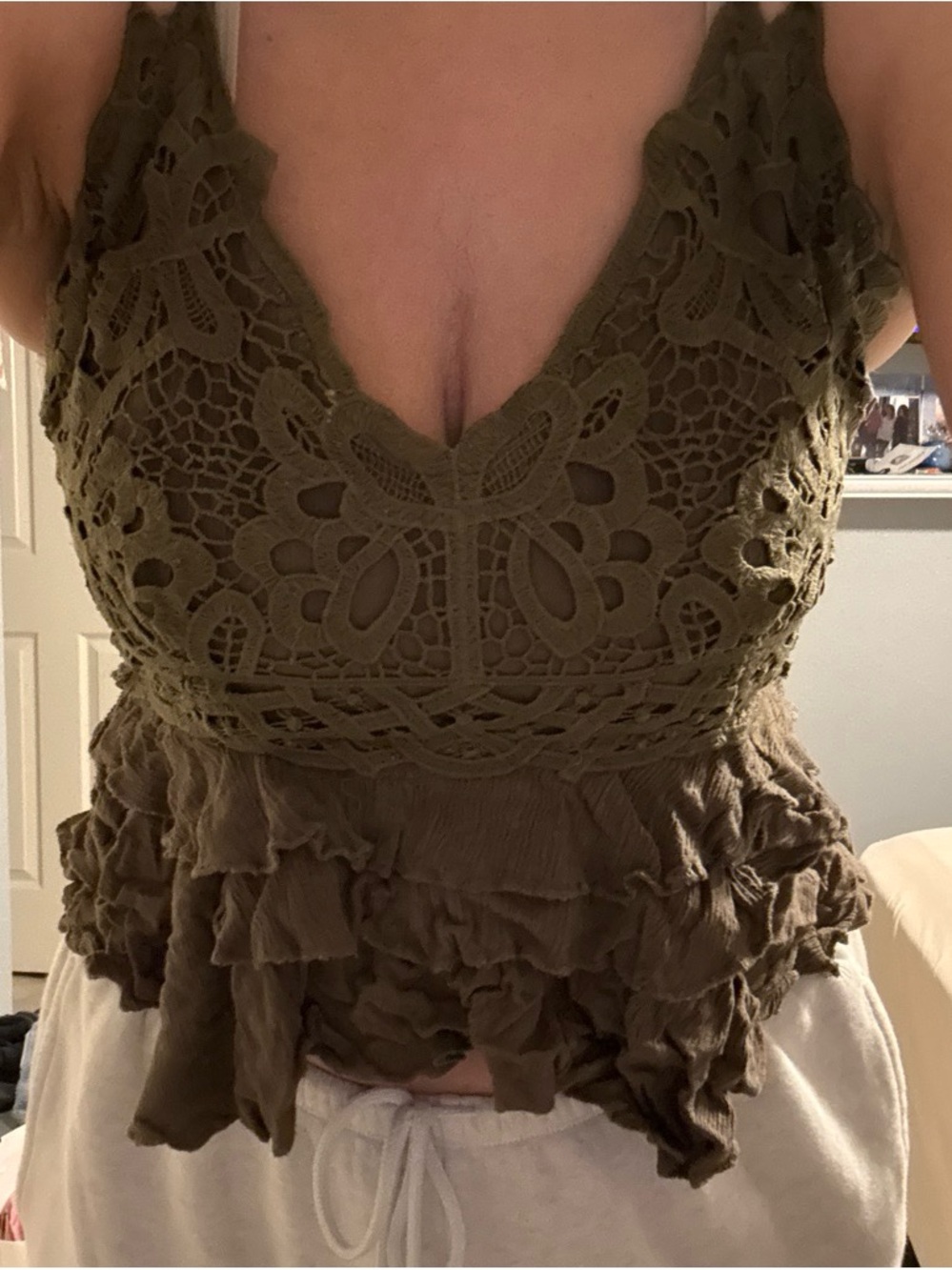 Lace Trim Olive Green Spaghetti Strap Tank